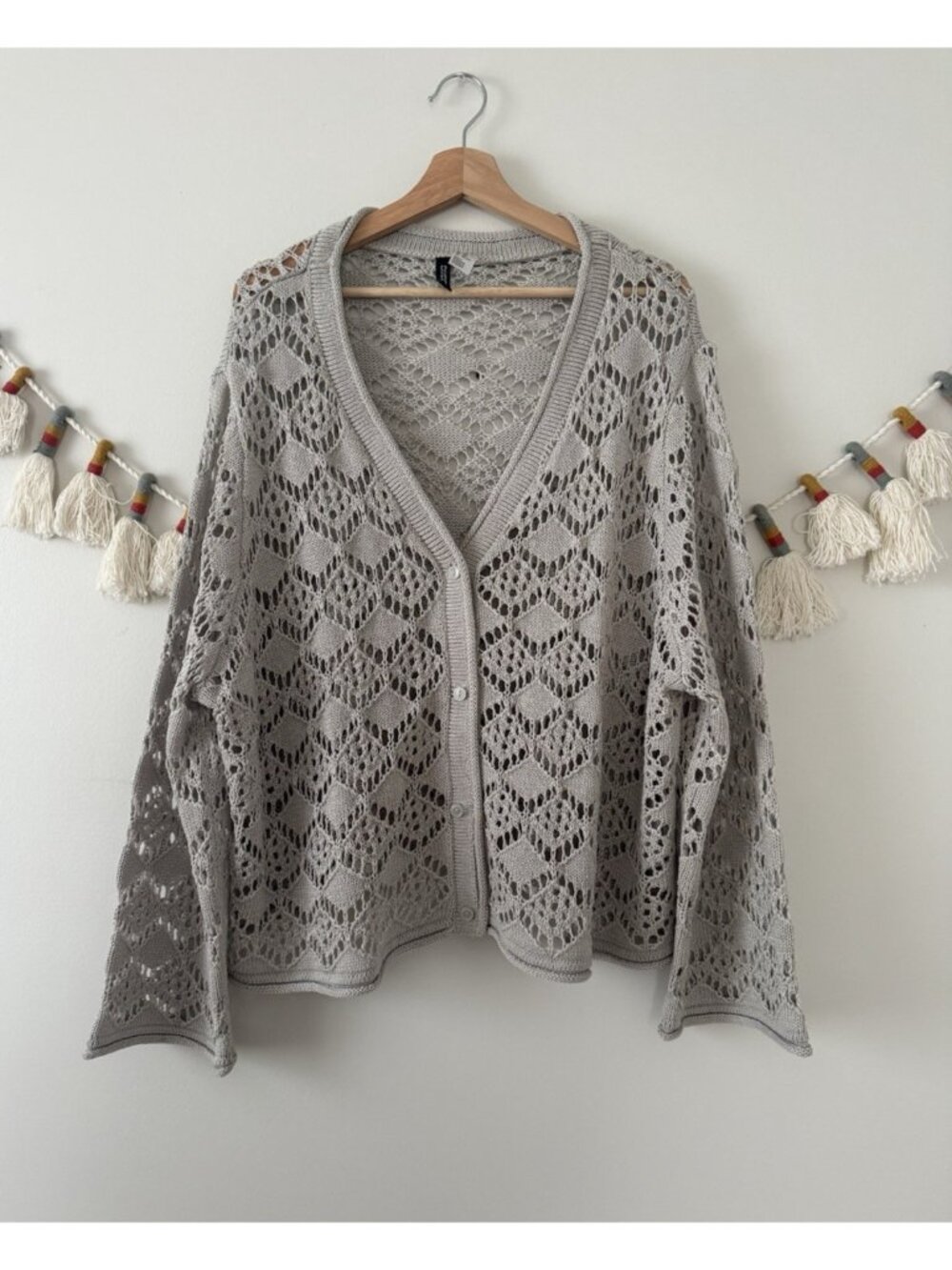 H&M Pointelle Knit Crochet Button Front Cardigan Grey Cottagecore Coastal 4x